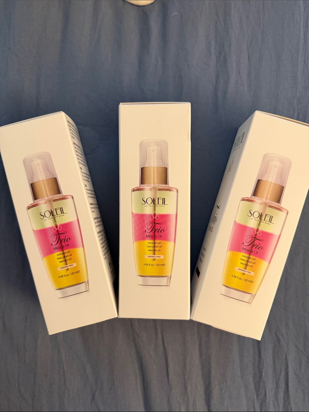 SOLEIL trio miracle, hair oil- 3 BOTTLES!! new in  box 4.6 fl. Oz. Each